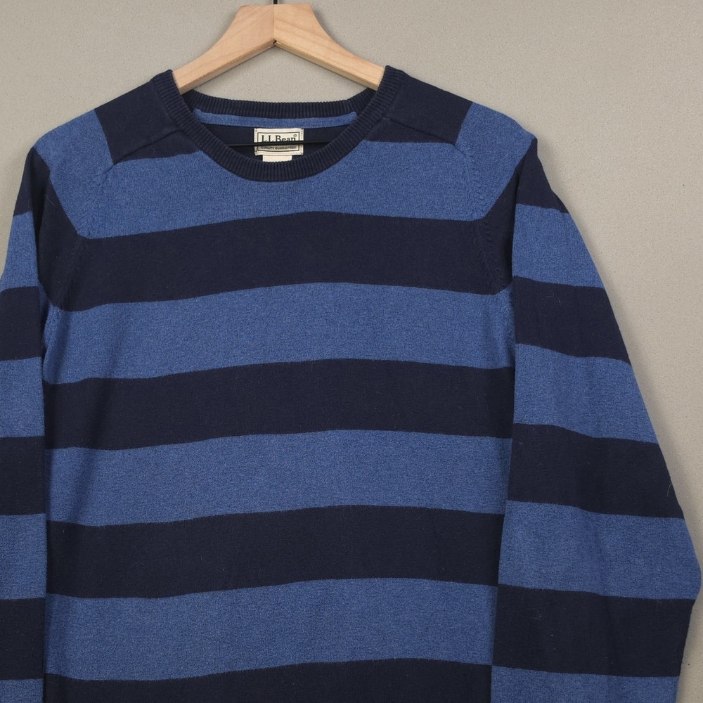 L.L. Bean Men's L Navy Blue Rugby Stripe Cotton Cashmere Crewneck Sweater Preppy